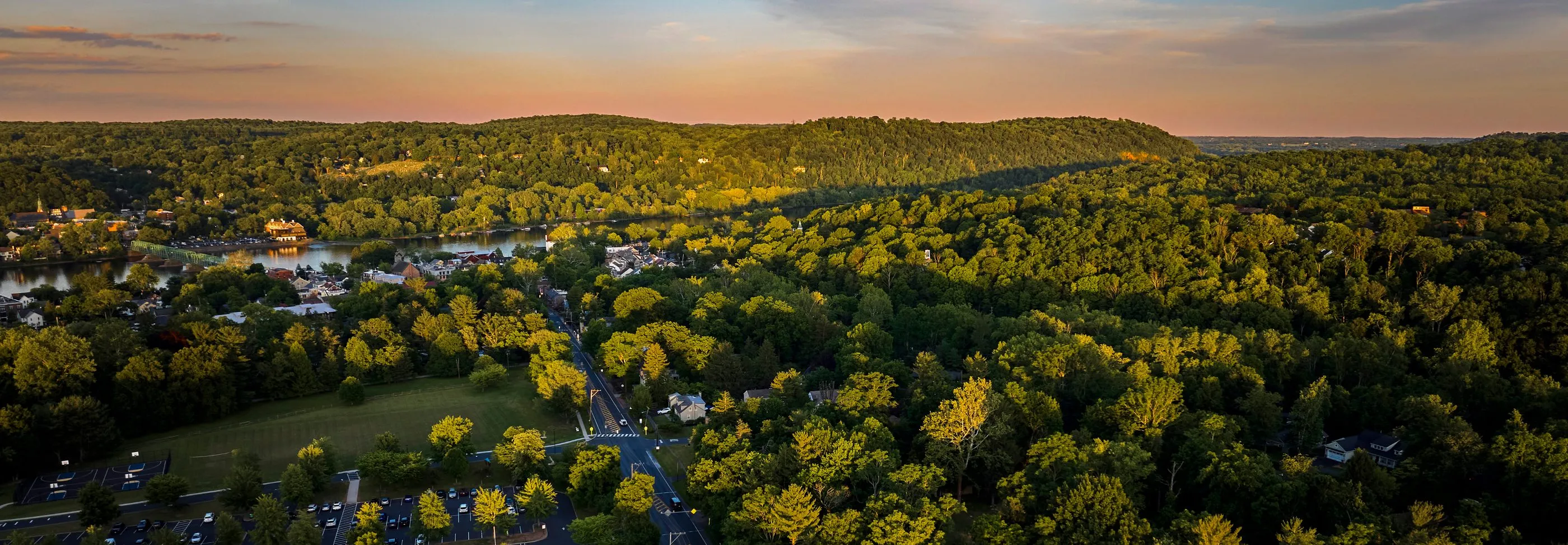 Aerial view of Cintra and the Delaware River Valley at dusk, New Hope, Pennsylvania