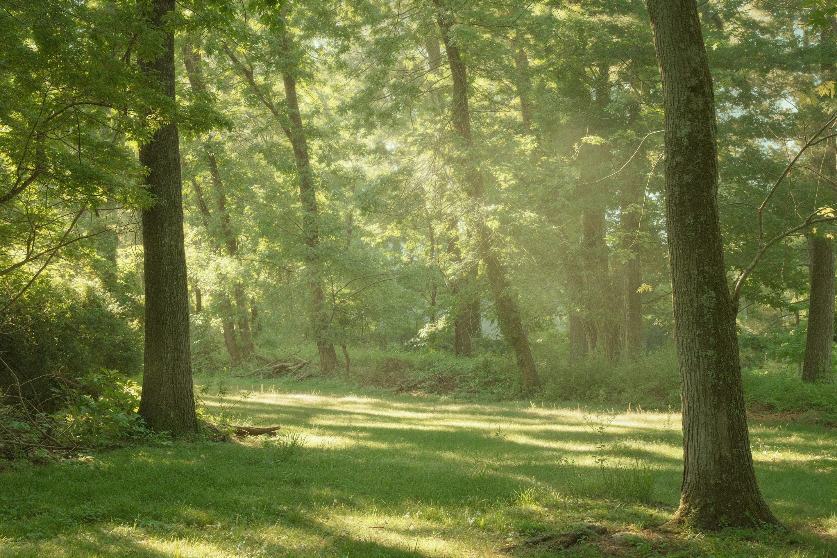 Sunlight falling through the trees in the Cintra clearing, New Hope, Pennsylvania
